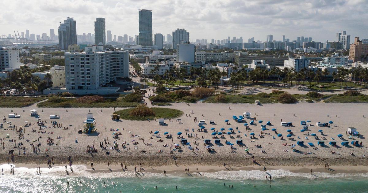 Aerial view of South Beach during spring break on Friday, March 15, 2024, in Miami Beach.&nbsp;