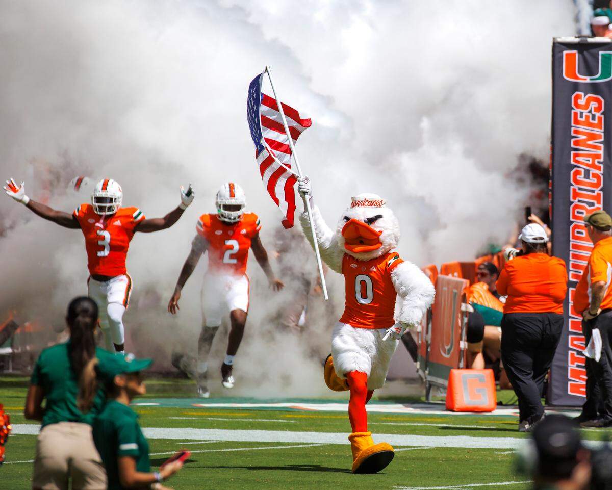 University of Miami Hurricanes mascot Sebastian the Ibis take the field with the team during the first quarter of an NCAA non conference game at Hard Rock Stadium on Saturday, September 10, 2022 in Miami Gardens, Florida.