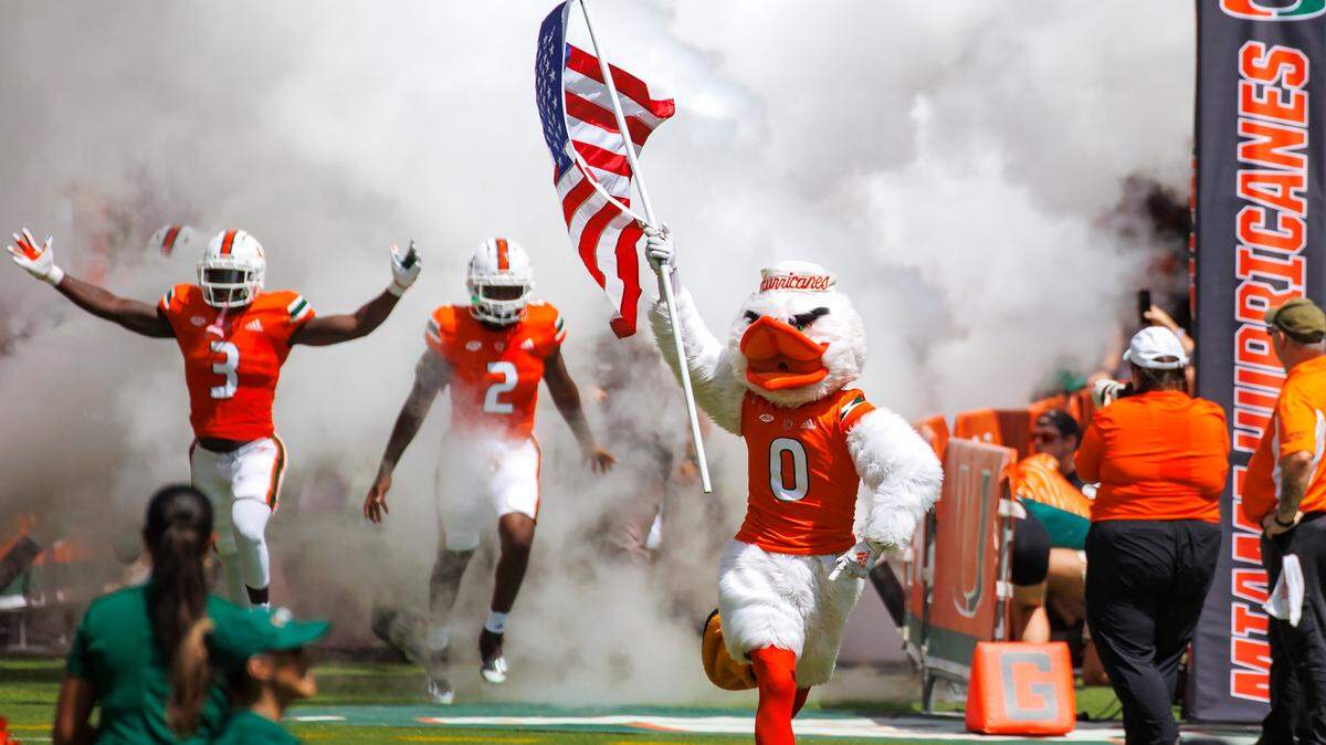 University of Miami Hurricanes mascot Sebastian the Ibis take the field with the team during the first quarter of an NCAA non conference game at Hard Rock Stadium on Saturday, September 10, 2022 in Miami Gardens, Florida.