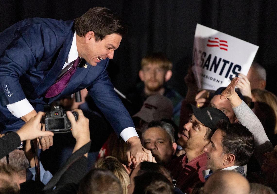 Florida Governor Ron DeSantis greets supporters during his caucus watch party at the Sheraton West Des Moines Hotel on Monday, Jan. 15, 2024, in West Des Moines, Iowa. Former President Donald Trump placed first in the Iowa Caucuses Monday night.