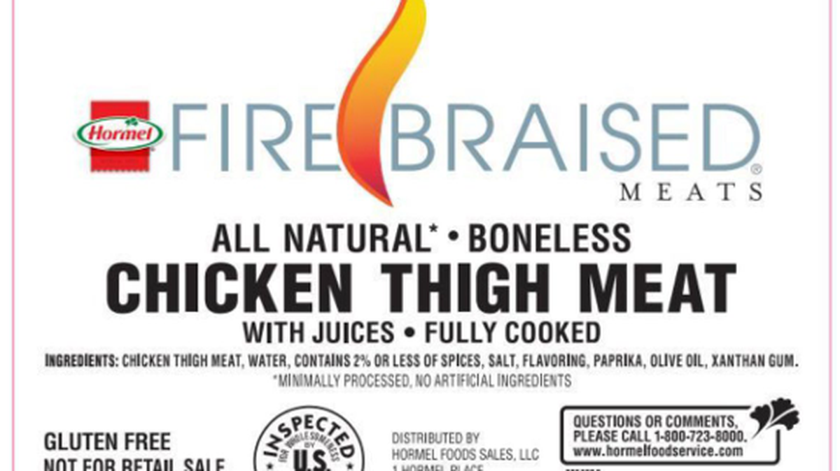 Imagen de la etiqueta de los muslos de pollo sacados del mercado por Hormel Foods. 