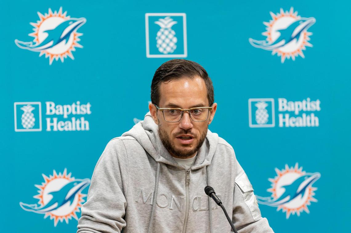 Miami Dolphins head coach Mike McDaniel speaks during a press conference at Baptist Health Training Complex on Thursday, Feb. 15, 2024, in Miami Gardens, Fla. The event was held to announce Anthony Weaver was hired to replace&nbsp;Vic Fangio as the Dolphins' new defensive coordinator.