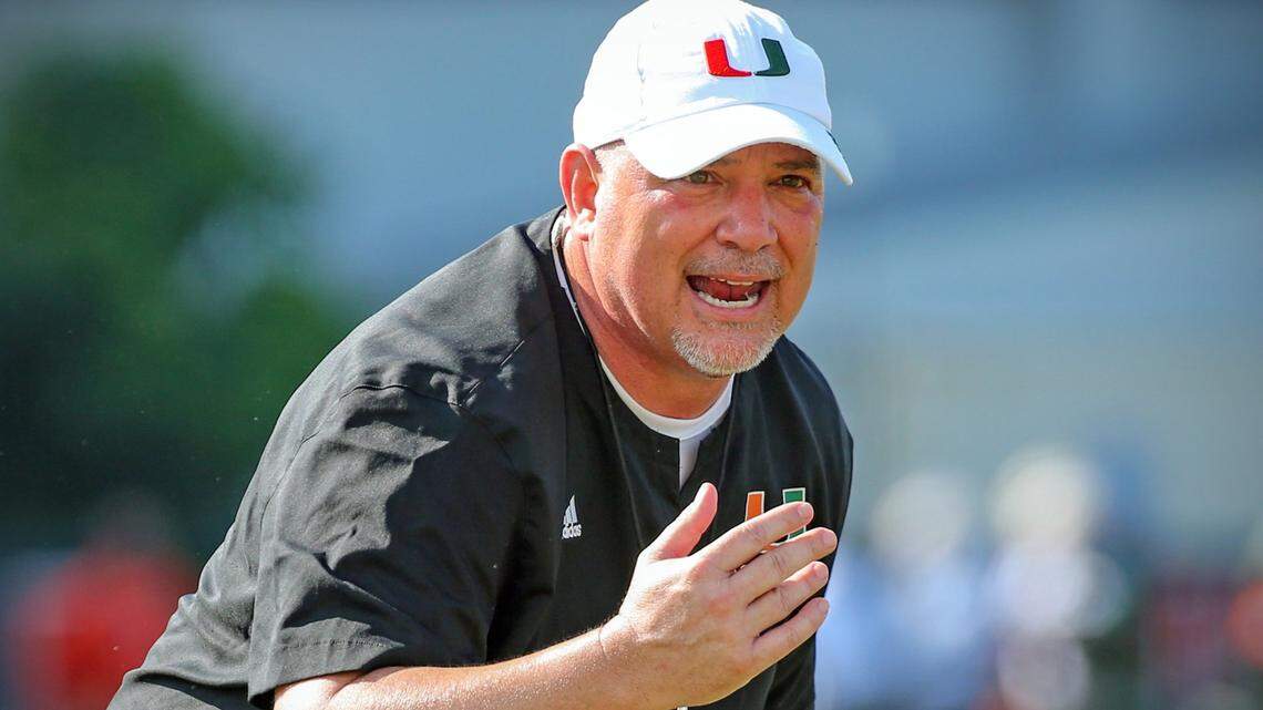 Miami Hurricanes defensive coordinator Lance Guidry works with players during football practice at the University of Miami’s Greentree Field on Tuesday, March 7, 2023.