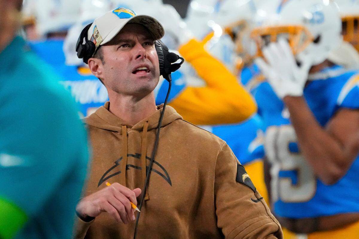 Nov 6, 2023; East Rutherford, New Jersey, USA; Los Angeles Chargers head coach Brandon Staley looks on against the New York Jets during a football game at MetLife Stadium. Mandatory Credit: Robert Deutsch-USA TODAY Sports