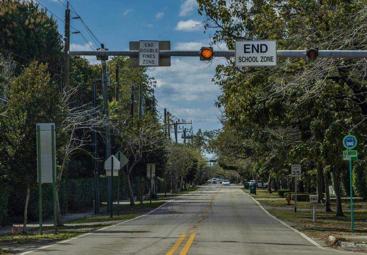 View of some school-zone speed limit signals that are part of the “School Zone Camera Safety Program” installed around the Palmetto Elementary, located at 12401 SW 74th Ave Pinecrest, on Wednesday, February 25, 2026.
