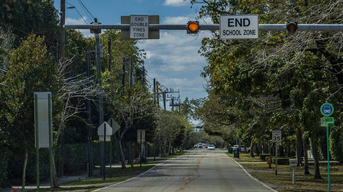 View of some school-zone speed limit signals that are part of the “School Zone Camera Safety Program” installed around the Palmetto Elementary, located at 12401 SW 74th Ave Pinecrest, on Wednesday, February 25, 2026.