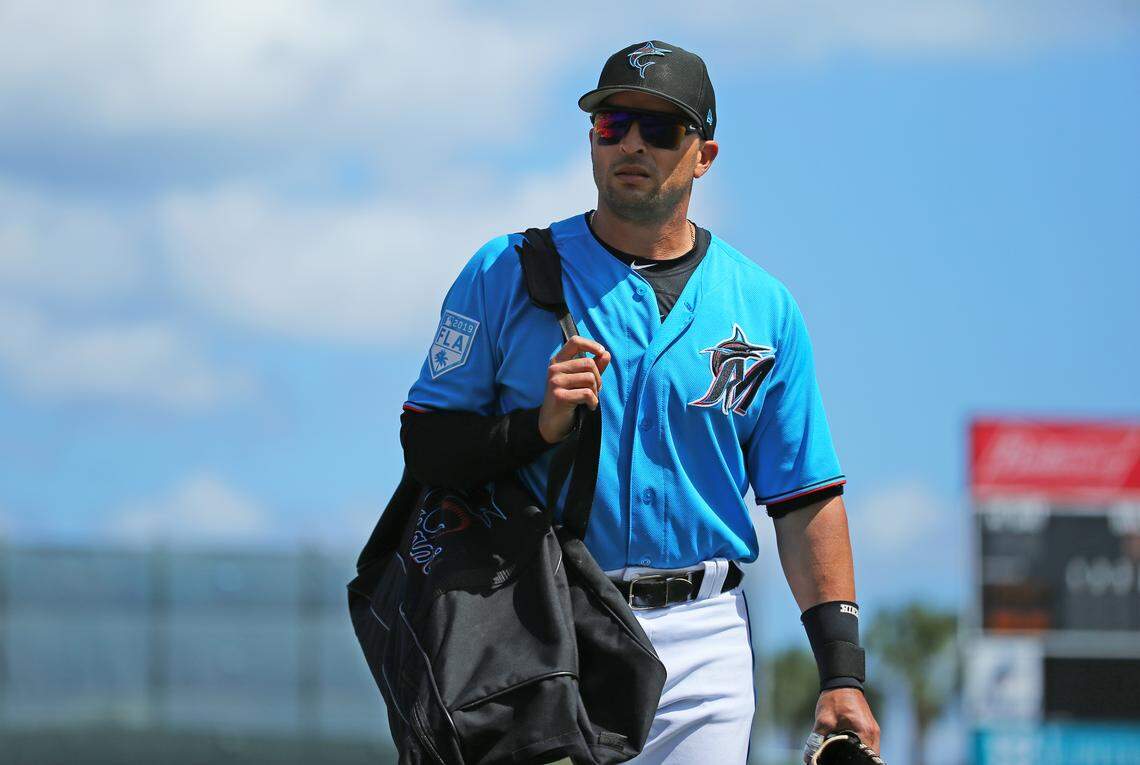 Miami Marlins first baseman Martin Prado (14) looks on before the start of a Major League Baseball spring training game against the Houston Astros at the Roger Dean Chevrolet Stadium on Thursday, March 7, 2019 in Jupiter, FL.