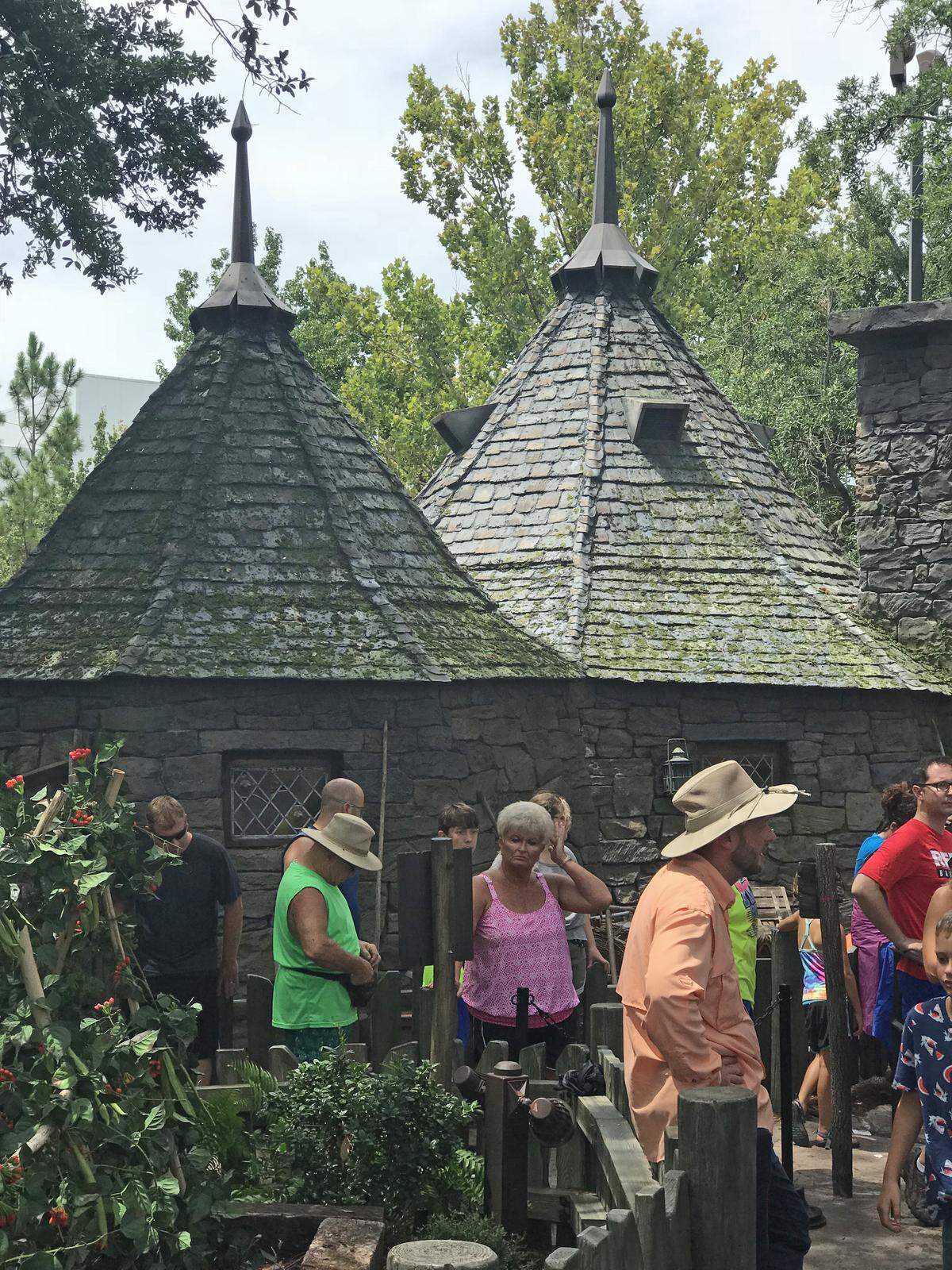 The line for Hagrid’s Magical Creatures Motorbike Adventure runs past the back of Hagrid’s hut. The front faces the Flight of the Hippogriff junior coaster.