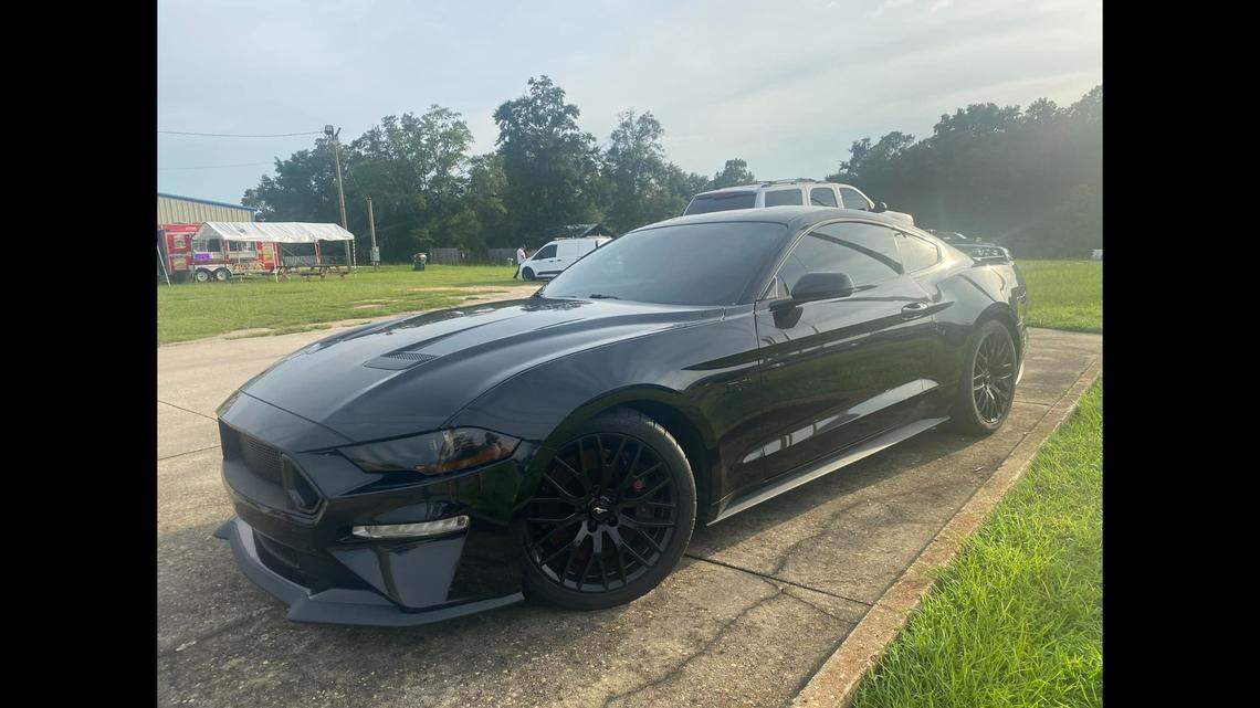 Marissa Daugherty says her boyfriend was looking for oil leaks when he spotted a young alligator hiding under this Ford Mustang at a car dealership in Florida.