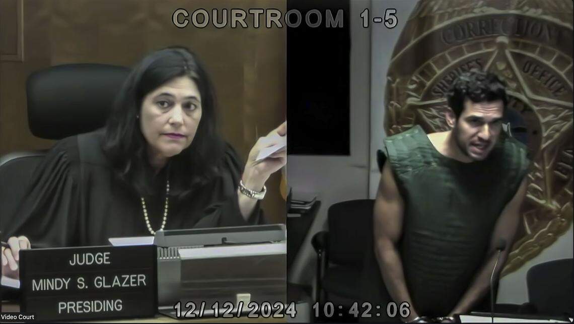 Miami, Florida, Dec. 12, 2024 - Frame grab from video, Oren Alexander, right, speaks to Judge Mindy Glazer, left, during a hearing in Miami-Dade Circuit Court. Glazer ordered him detained until a formal bond hearing on Friday. Alexander was arrested Wednesday morning at his Miami Beach home and charged with a slew of state and federal sex trafficking and rape crimes.