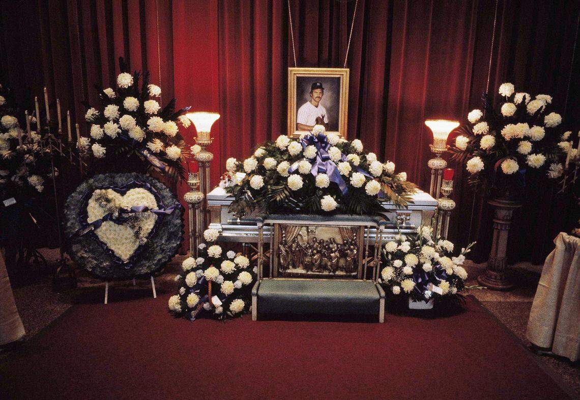 This is a view inside McKinley room of Canton Memorial Civic Center in Canton, Ohio, where Thurman Munson’s body was on view in closed casket, Aug. 5, 1979. (AP Photo/Ray Stubblebine)