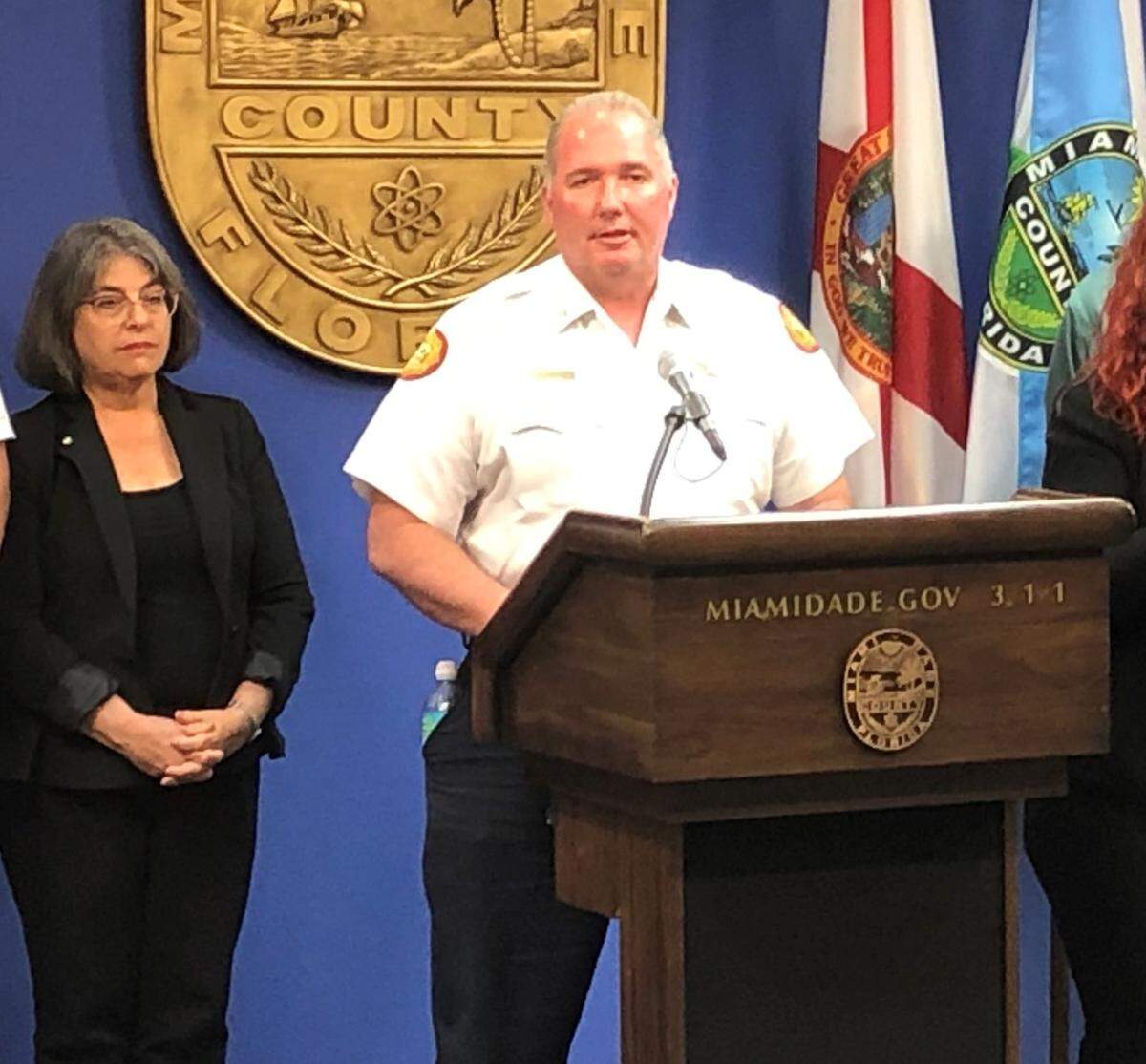 Alan Cominsky, Miami-Dade County’s fire chief, at a briefing in July 2021, with Miami-Dade Mayor Daniella Levine Cava.