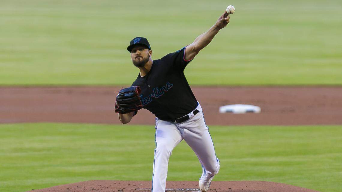 Miami Marlins starting pitcher Caleb Smith (31) pitches against the Philadelphia Phillies in the first inning of a baseball game at Marlins Park in Miami on Saturday, April 13, 2019.