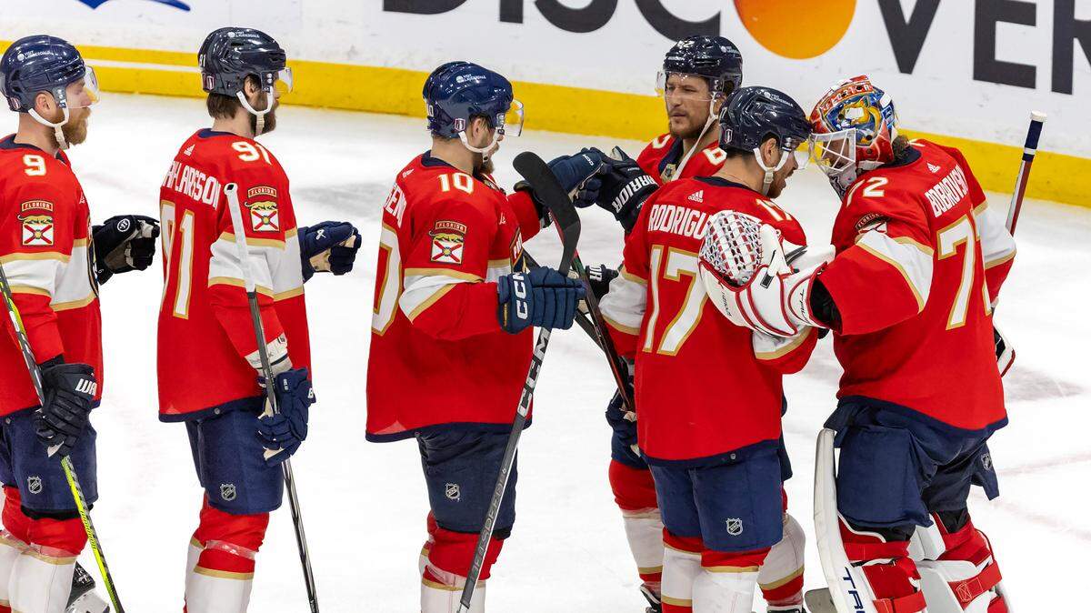 Florida Panthers goaltender Sergei Bobrovsky (72) celebrates with teammates after their 4-1 win over the Edmonton Oilers during Game 2 of the NHL Stanley Cup Final at the Amerant Bank Arena on Monday, June 10, 2024, in Sunrise, Fla.