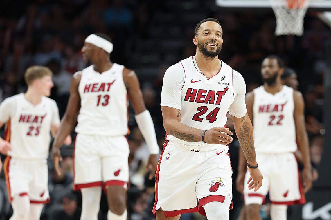 Norman Powell #24 of the Miami Heat reacts to a three-point shot against the Phoenix Suns during the second half of the NBA game at Mortgage Matchup Center on January 25, 2026 in Phoenix.