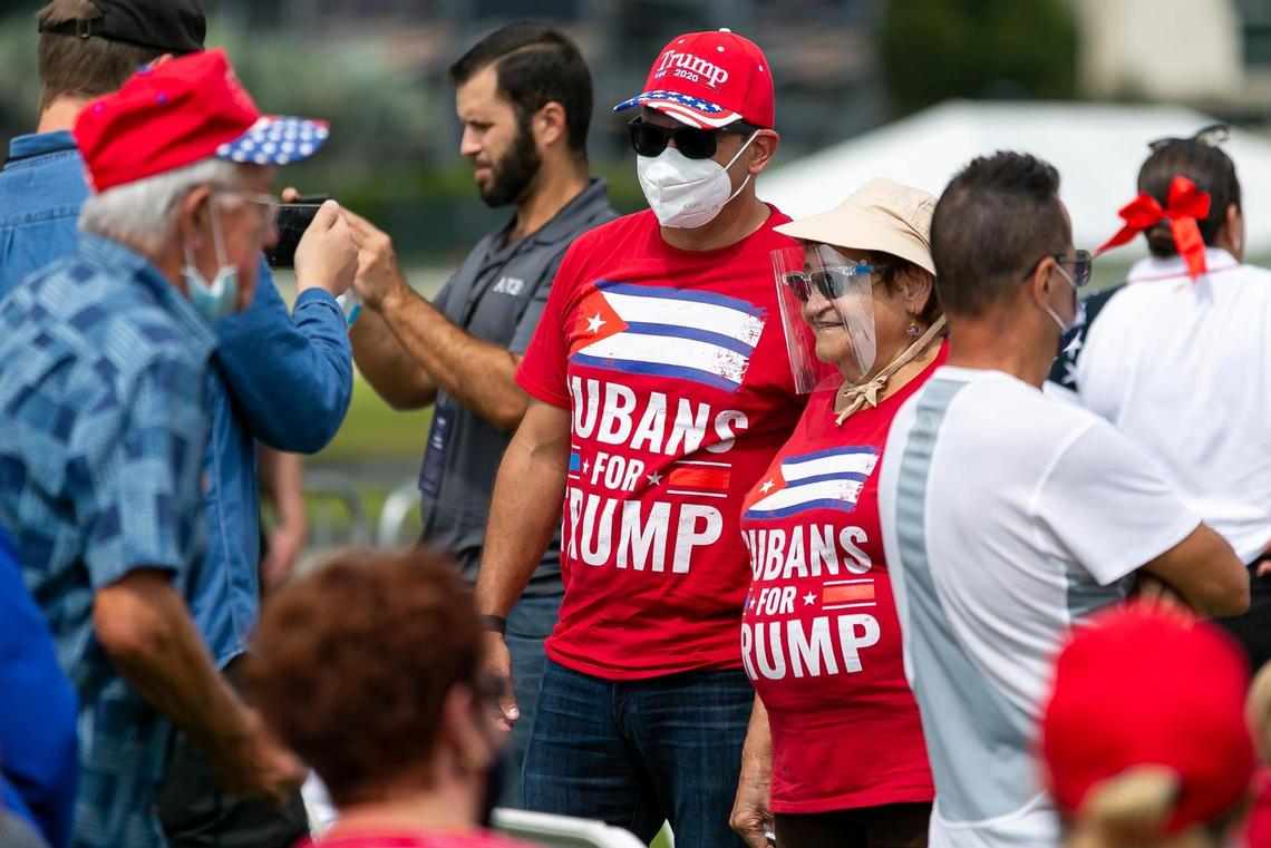 Supporters attend a Vice President Mike Pence campaign rally near the Cuban Memorial Monument in Tamiami Park on Thursday, October 15, 2020 in Miami, Florida.
