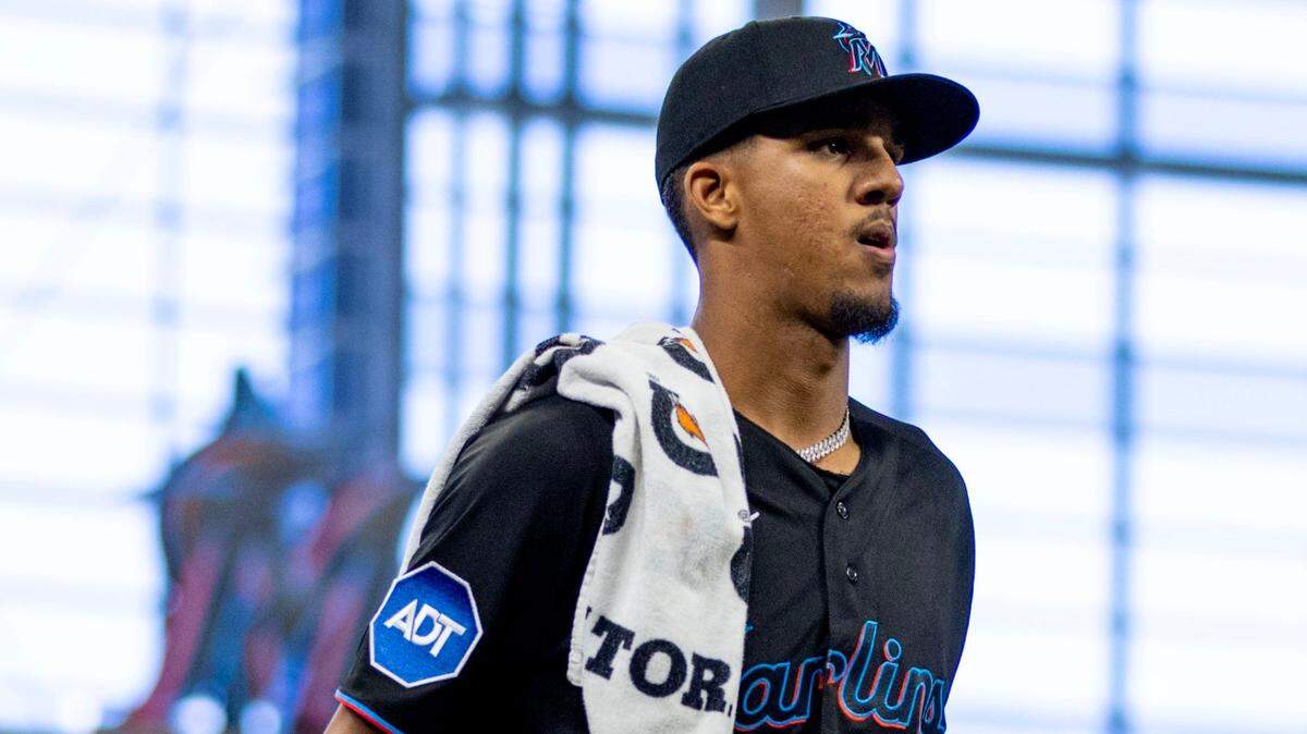 Miami Marlins pitcher Eury Perez (39) walks out from the bullpen before the first inning of an MLB game against the Washington Nationals at loanDepot park in the Little Havana neighborhood of Miami, Florida, on Thursday, May 18, 2023.