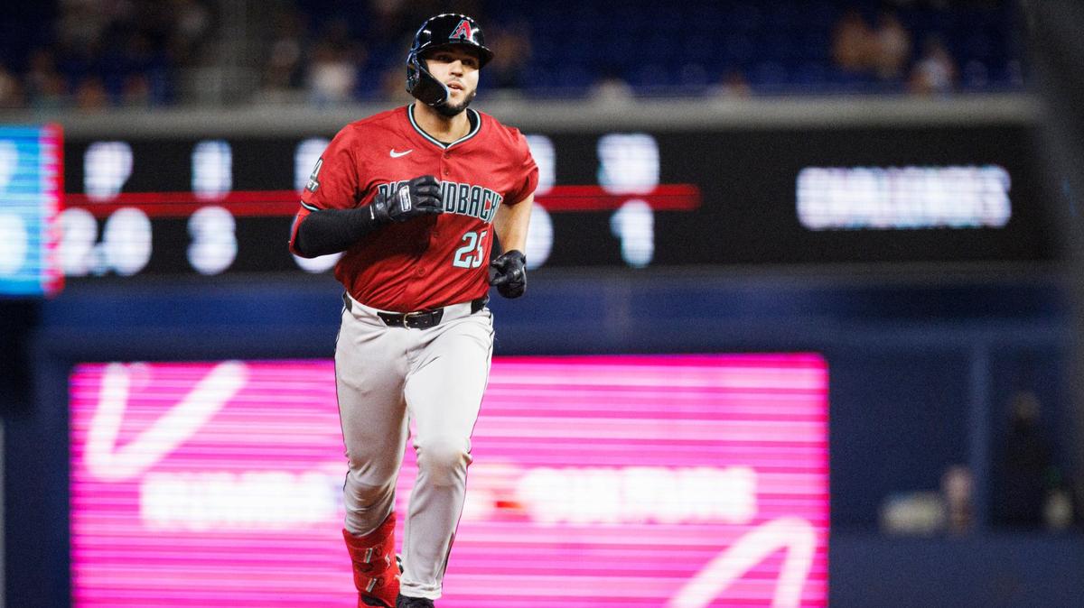 Arizona Diamondbacks catcher Adrian Del Castillo (25) runs the bases after hitting a grand slam during the third inning of a baseball game on Monday, Aug. 19, 2024, at loanDepot Park in Miami.