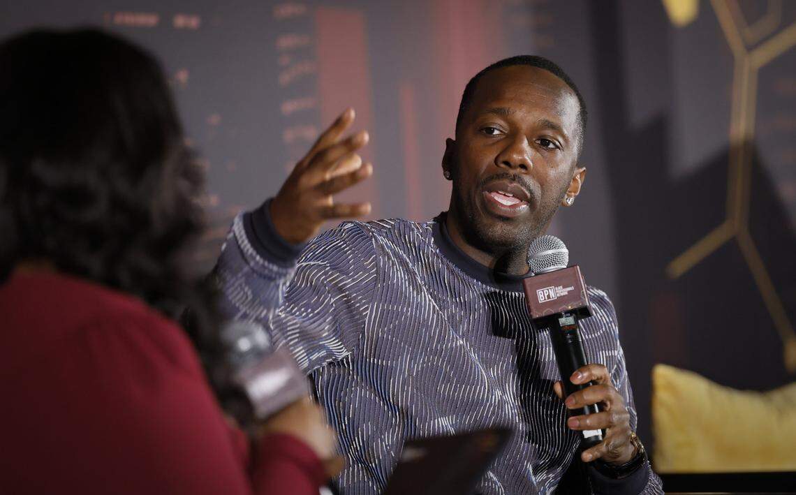 Kenasha Paul interviews Rich Paul at the Black Professional Network's annual summit at Seminole Hard Rock in Davie, Florida on Friday, November 14, 2025. Rich Paul is a longtime sports agent to former Miami Heat star LeBron James.