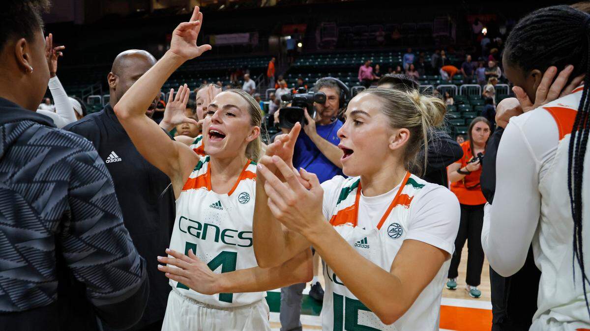 Miami Hurricanes guard Haley Cavinder (14) and guard Hanna Cavinder (15) are expected to announce their future plans in the coming days. They have one year of eligiblity left.