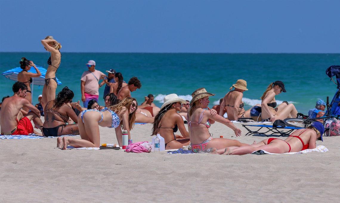 Spring breakers have arrived on South Beach, blending with other tourists in Miami Beach on Thursday, March 13, 2025.