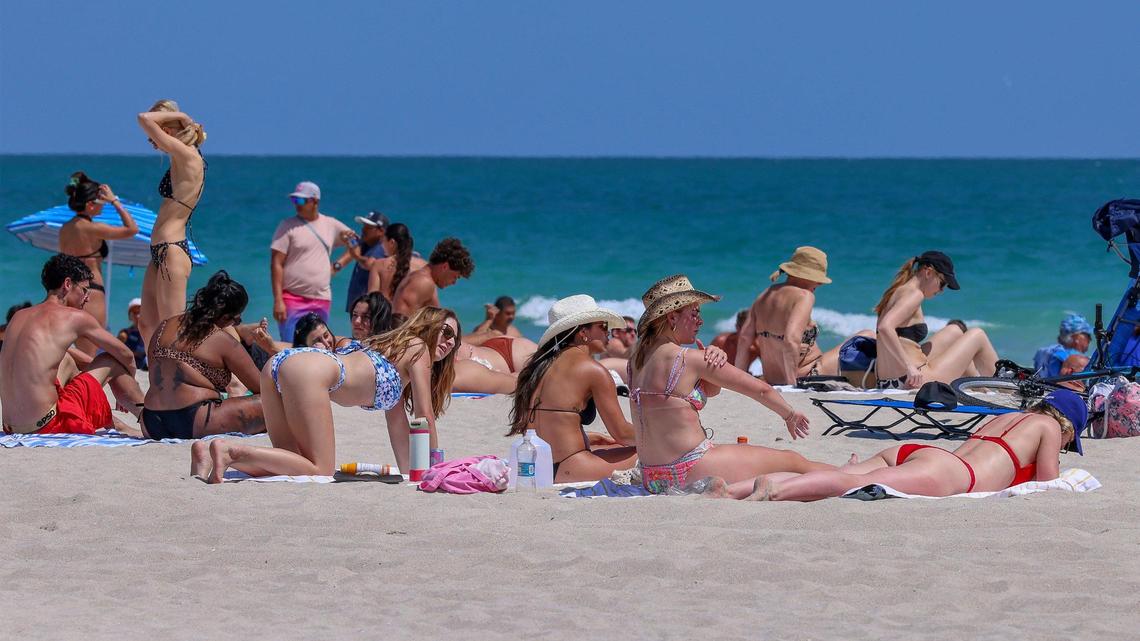 Spring breakers on South Beach on March 13, 2025. Miami Beach implemented new rules and requirements including vehicle restrictions, zero tolerance for violence and increased police presence.