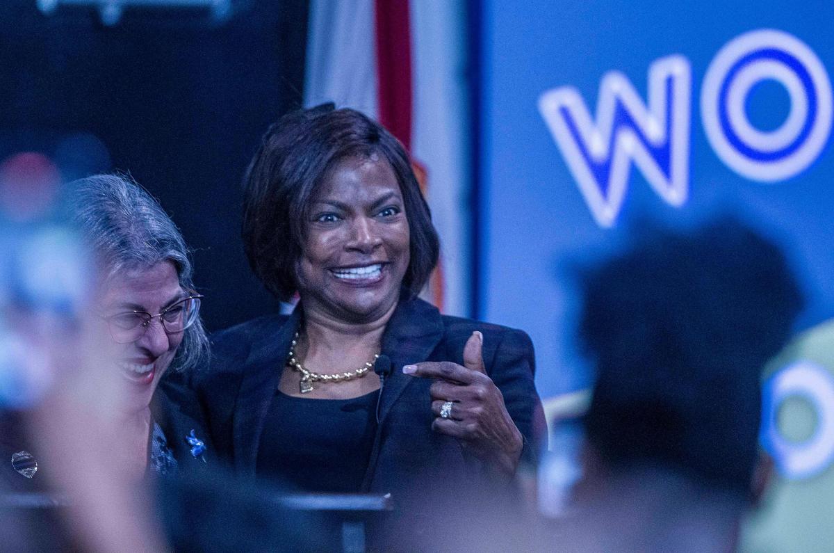 Miami-Dade County Mayor Daniella Levine Cava, left, joined U.S. Senate Democratic candidate Val Demings as Demings launched the Women for Demings coalition during a rally in Doral on Friday, Aug, 26, 2022.