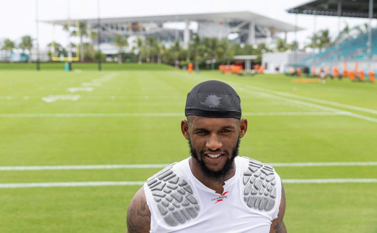 Miami Dolphins wide receiver Cedrick Wilson Jr. (11) speaks to the media during team practice at the Baptist Health Training Complex on Wednesday, May 31, 2023, in Miami Gardens, Fla.