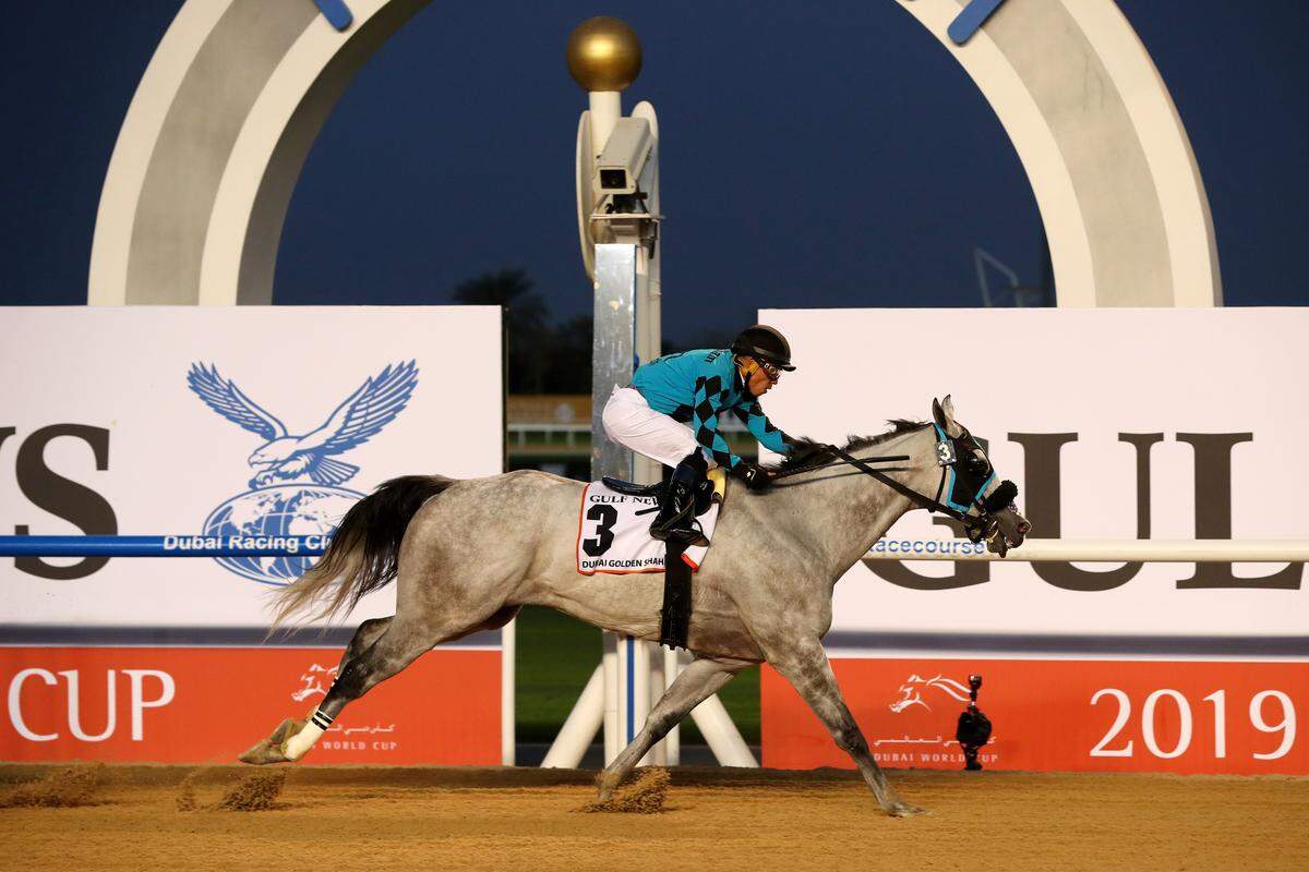 Emisael Jaramillo wins race six riding X Y Jet during the Dubai World Cup at Meydan Racecourse on March 30, 2019, in Dubai, United Arab Emirates.