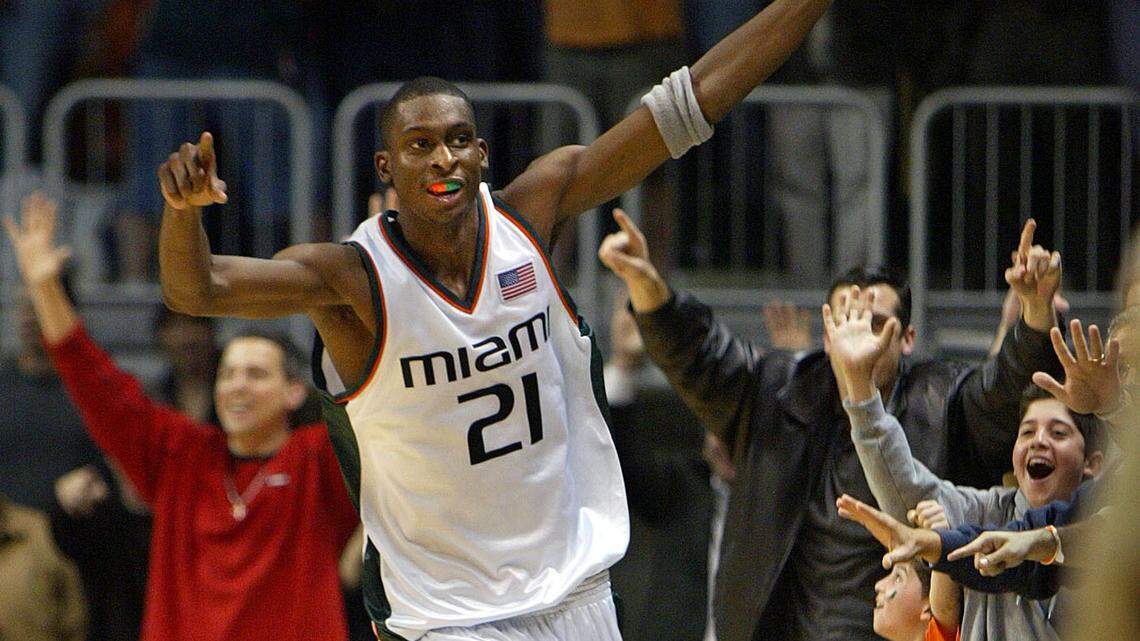 The University of Connecticut vs The University of Miami at the Convocation Center in Coral Gables. UM’s Darius Rice celebrates on the court after stealing the ball sinking a three pointer to win the game 77-76 on Jan. 20, 2003