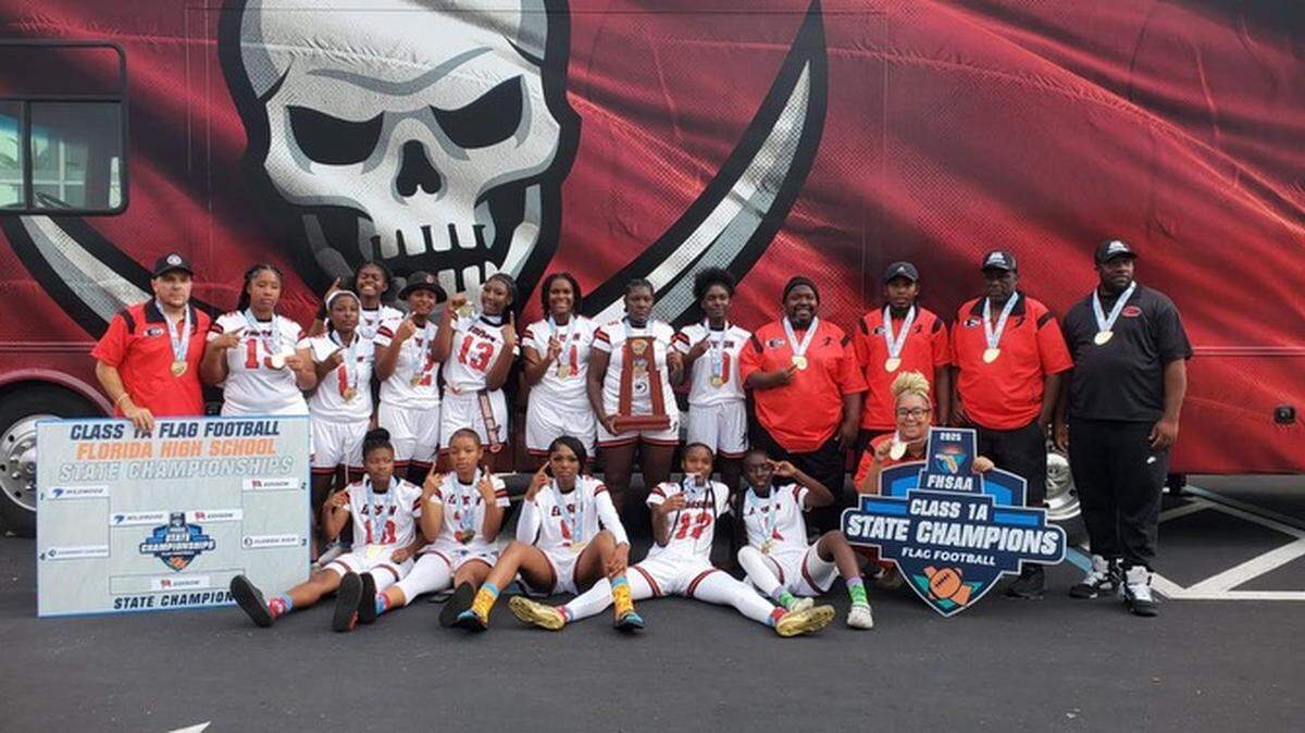 The Miami Edison flag football team celebrates its first state championship ever on Saturday after beating Wildwood in the Class 1A final in Tampa, Fla.