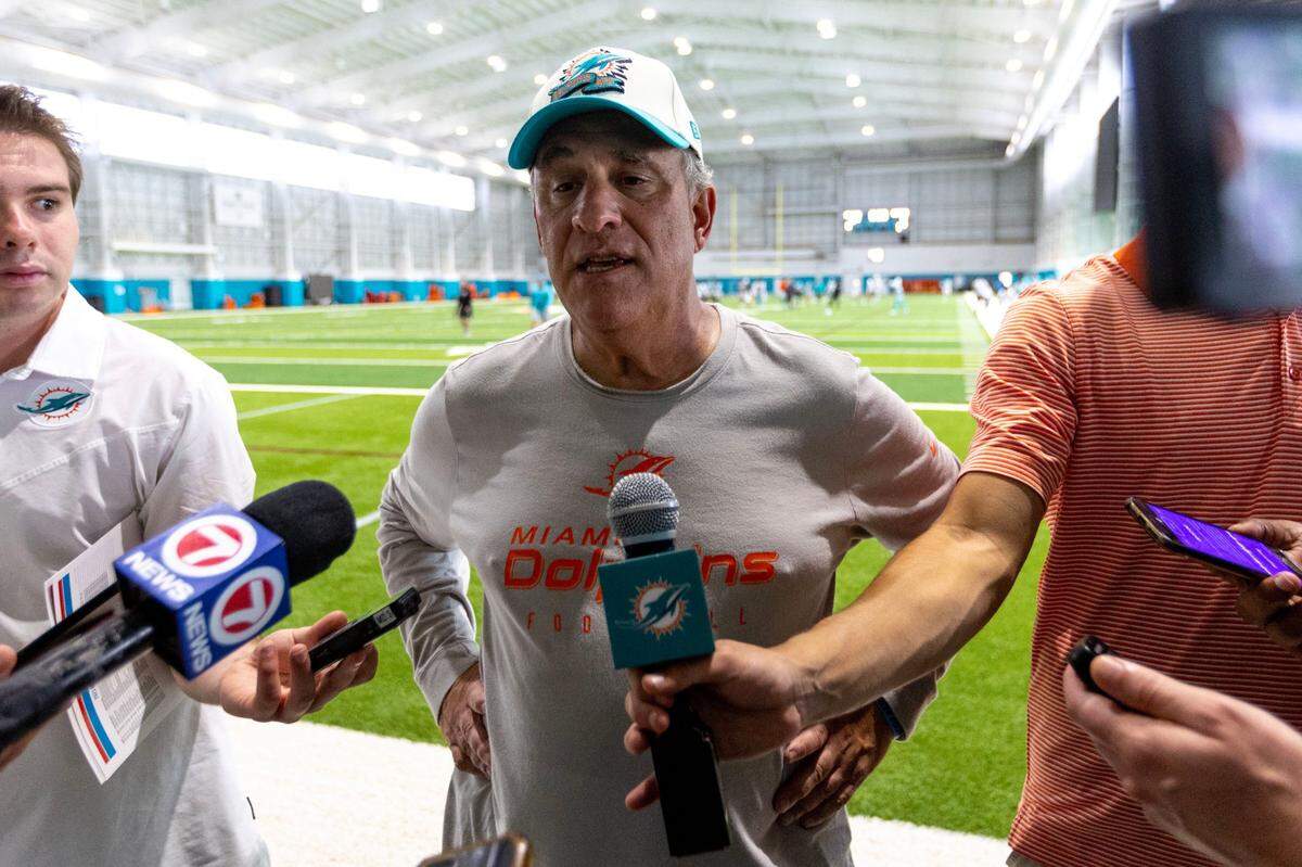 Miami Dolphins defensive coordinator Vic Fangio speaks to the media after 2023 Miami Dolphins Mandatory Minicamp at Baptist Health Training Complex in Miami Gardens, Florida, on Thursday, June 8, 2023.