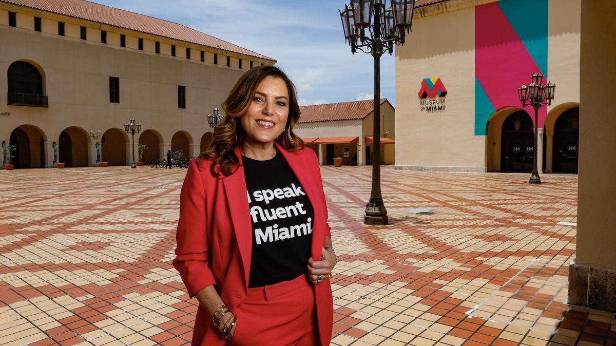 HistoryMiami Museum CEO, Natalia Crujeiras stands in the Plaza on Wednesday, May 6, 2026, as the museum changes its name to Museum of Miami. The new "museum without walls" initiative will show exhibitions across Miami Dade County.