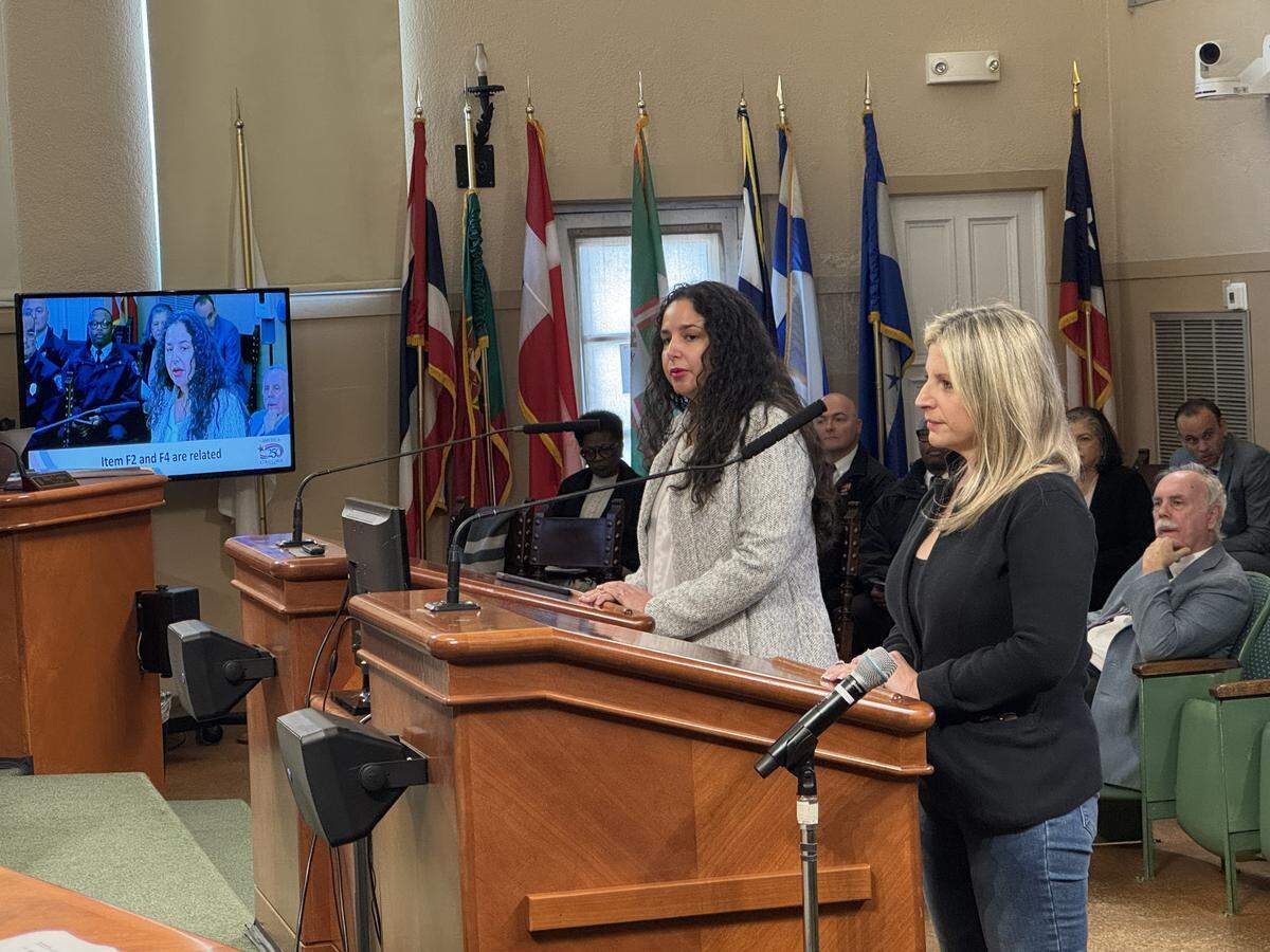Nurses Glenda Perez and Marivi Betancourt, co-founders of the Miami-Dade Sexual Assault Response Initiative, speak in support of Commissioner Melissa Castro’s resolution to expand human trafficking training for first responders.