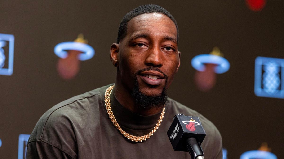 Heat center Bam Adebayo speaks to the press during media availability before he leaves for the 2024 Summer Olympics to join Team USA at Kaseya Center on Thursday, June 27, 2024, in Miami.