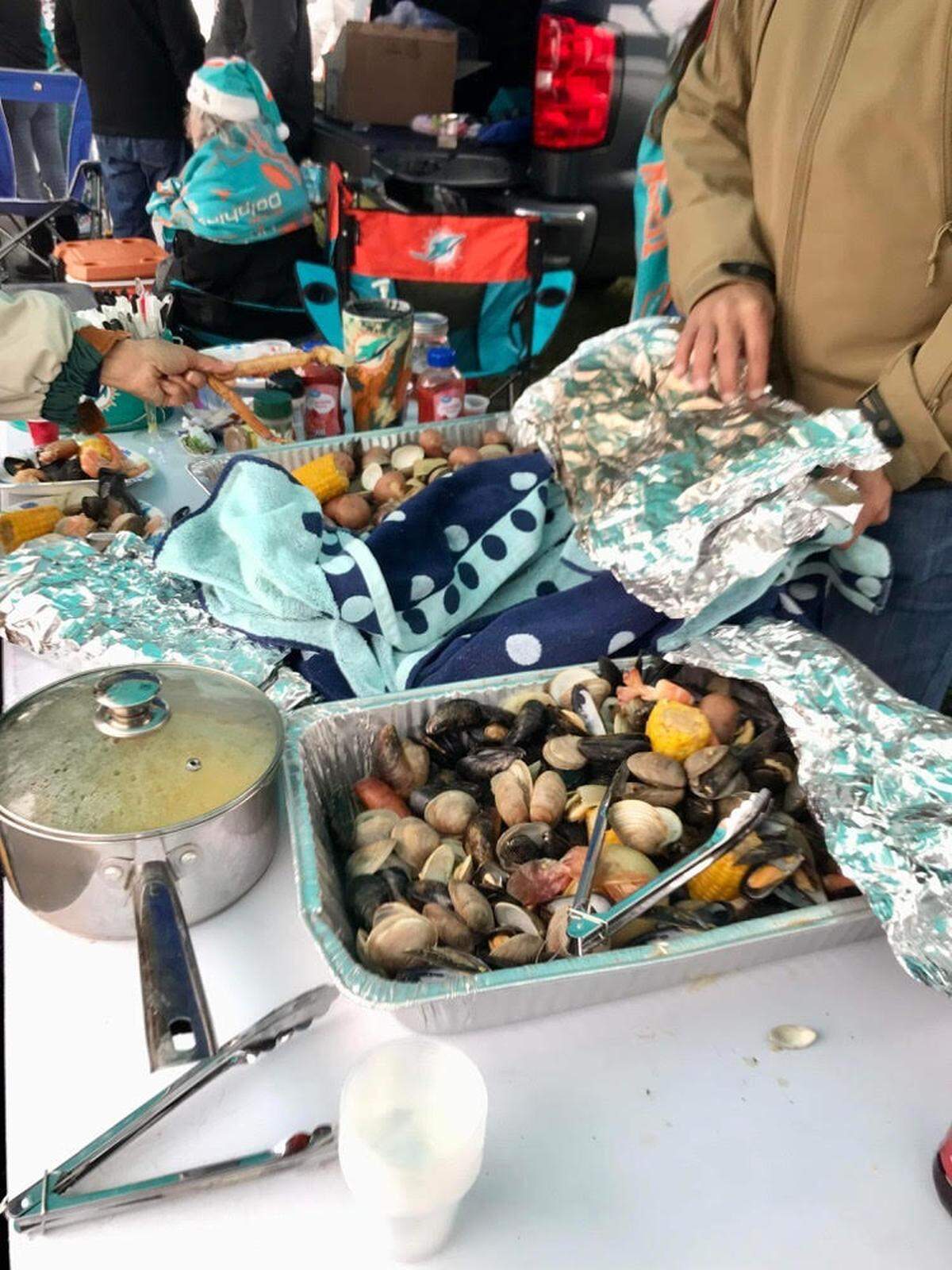 A holiday feast for Christmas during tailgating at the Miami Dolphins game on Sunday at Hard Rock Stadium.