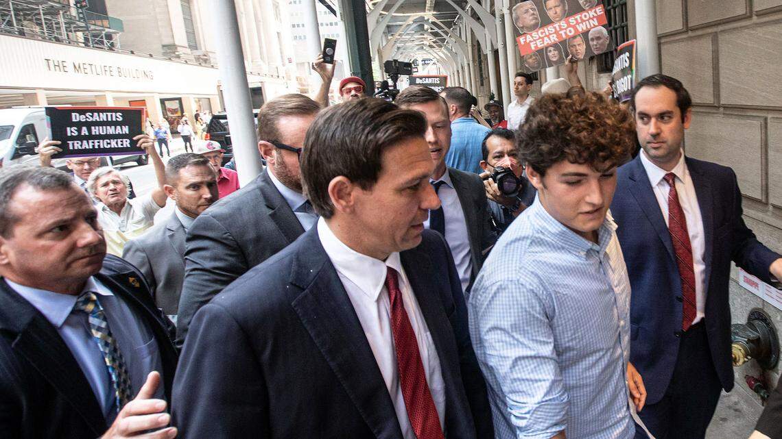 Florida Gov. Ron DeSantis, a GOP presidential candidate, arrives at the Yale Club in Manhattan on June 29 for a private fundraiser.