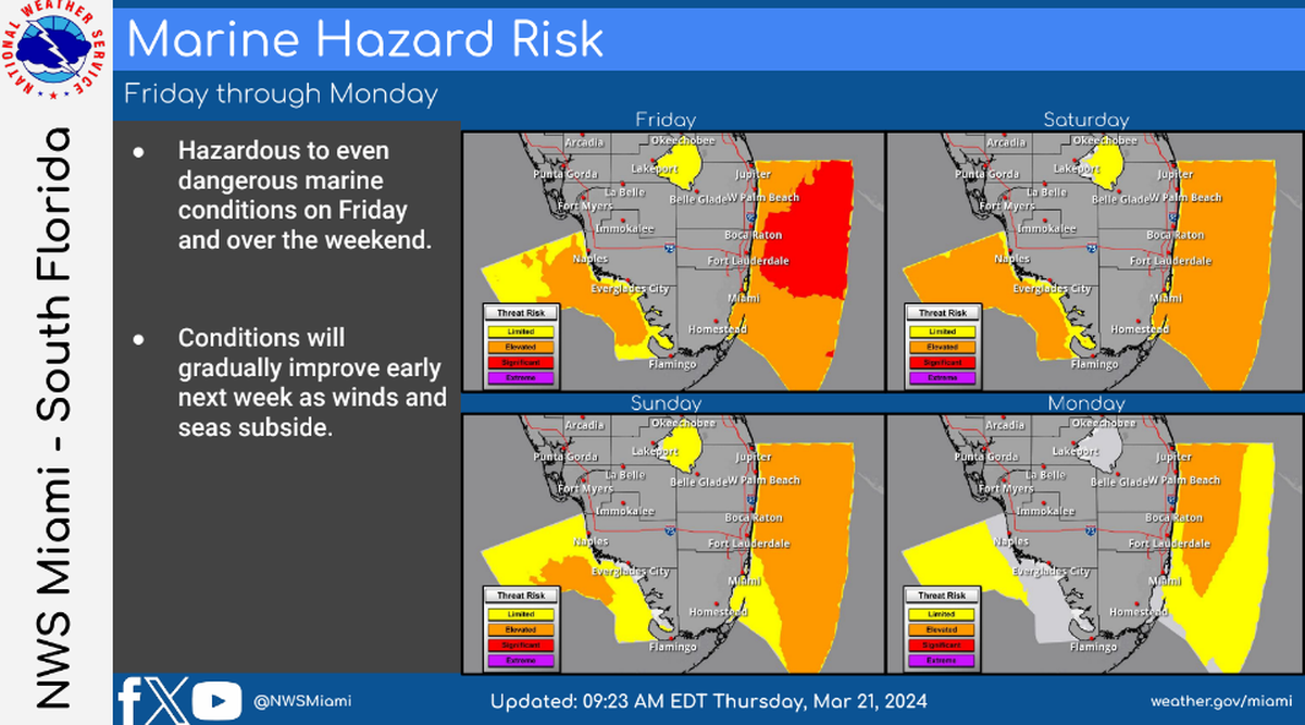 Dangerous marine conditions will prevail this weekend across South Florida waters, according to the National Weather Service in Miami.