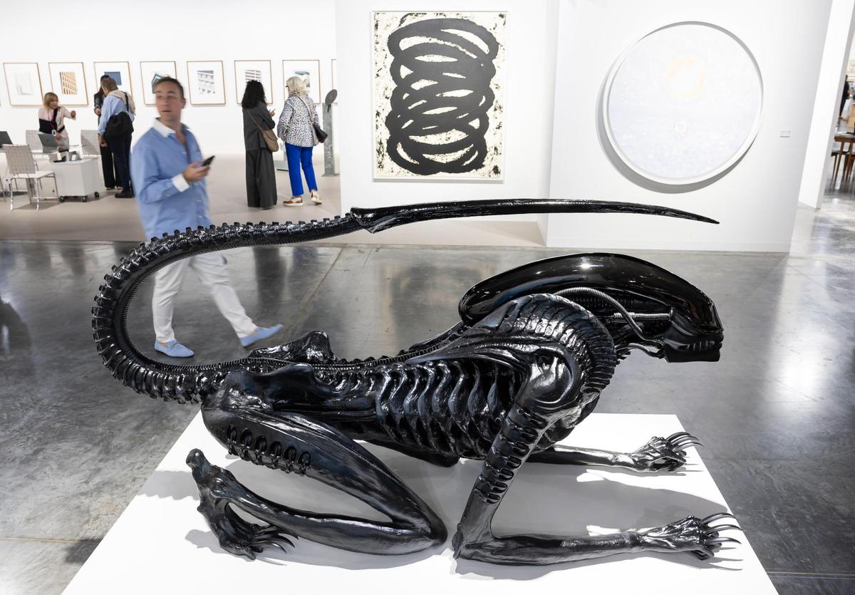 ‘Necronom / Alien III’ by HR Giger is presented by MAI 36 Galerie during Art Basel at the Miami Beach Convention Center on Wednesday, Dec. 4, 2024, in Miami Beach, Fla.