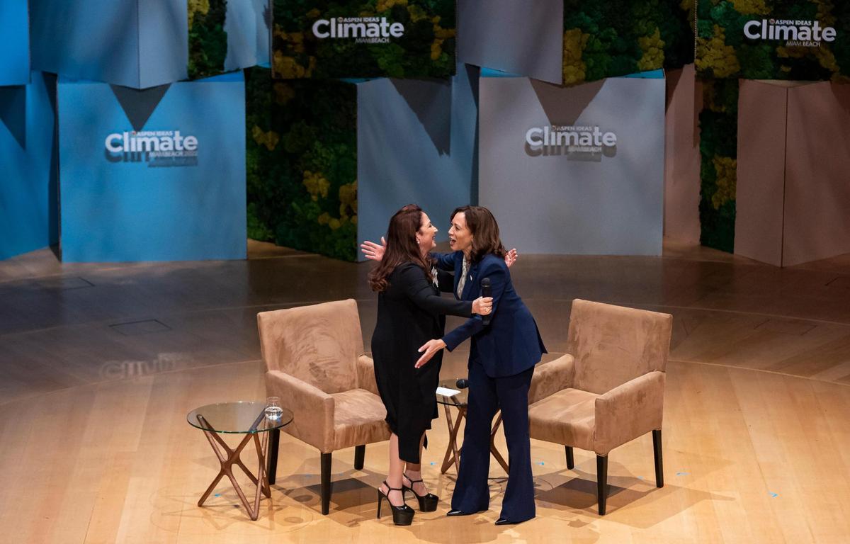 Vice President Kamala Harris, right, and Gloria Estefan hug after speaking during the Aspen Ideas: Climate conference at the New World Center on Wednesday, March 8, 2023, in Miami Beach, Fla.