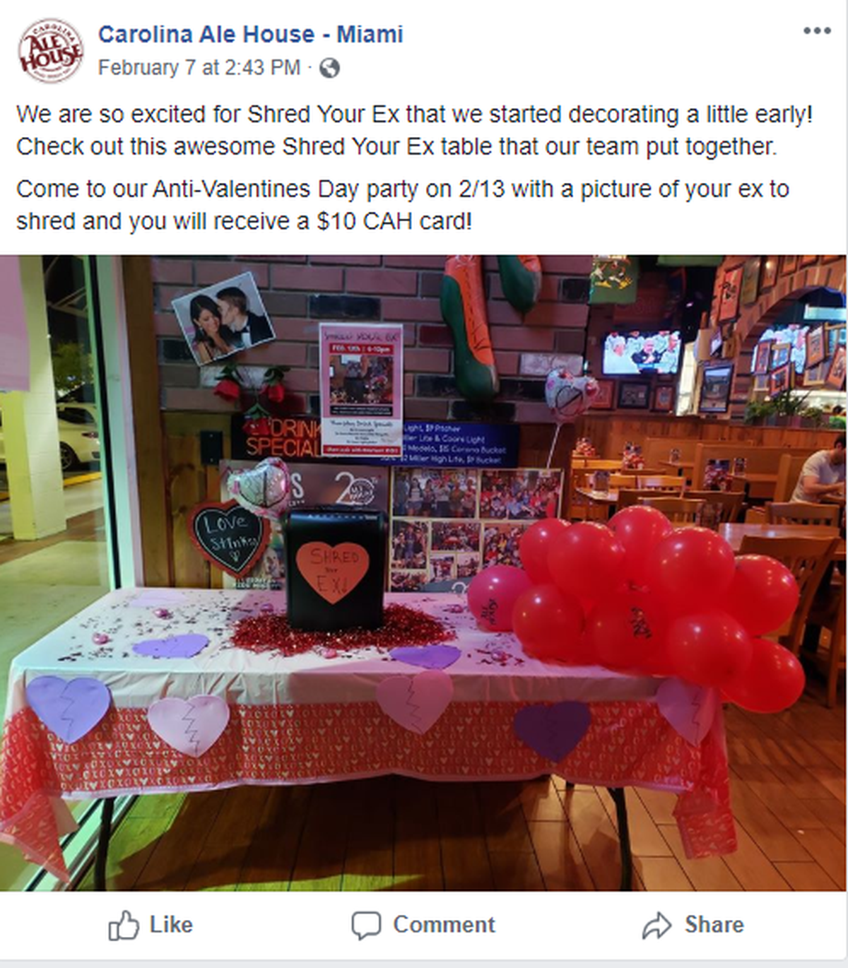 Carolina Ale House in Miami and Doral are hosting a “Shred Your Ex” special Thursday.