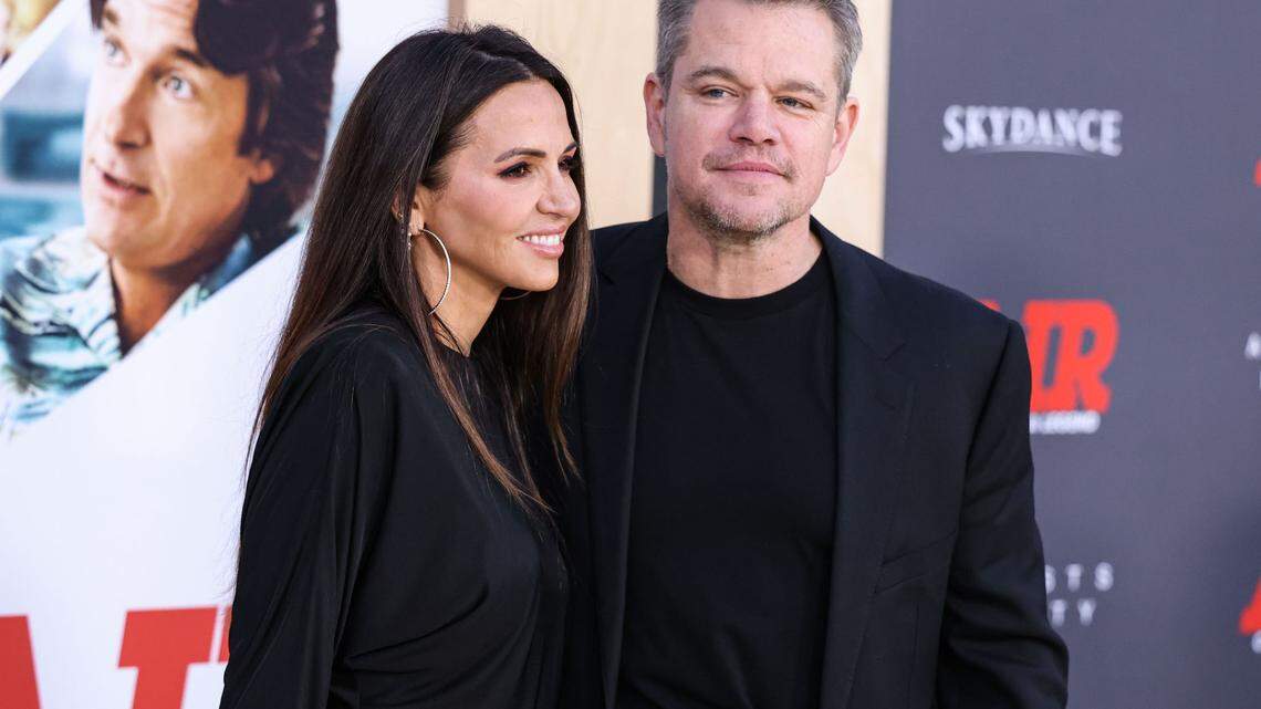 WESTWOOD, LOS ANGELES, CALIFORNIA, USA - MARCH 27: Luciana Barroso and husband Matt Damon arrive at the World Premiere Of Amazon Studios’ And Skydance Media’s ‘Air’ held at the Regency Village Theatre on March 27, 2023 in Westwood, Los Angeles, California, United States. (Photo by Xavier Collin/Image Press Agency/Sipa USA)