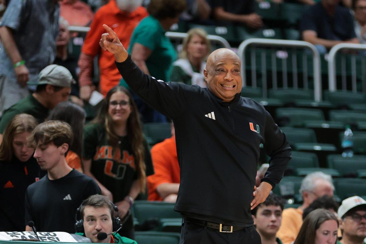 Miami Hurricanes interim head coach Bill Courtney reacts from the sideline against the North Carolina State Wolfpack during the second half at the Watsco Center in Coral Gables, Florida on Saturday, March 8, 2025.