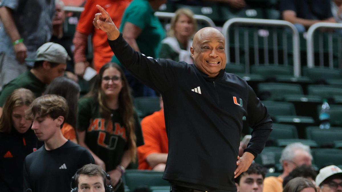 Miami Hurricanes interim head coach Bill Courtney reacts from the sideline against the North Carolina State Wolfpack during the second half at the Watsco Center in Coral Gables, Florida on Saturday, March 8, 2025.