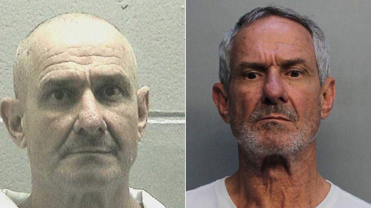 Raul Prado, 63, pictured on the left in a mugshot from the Georgia state prison system, escaped from a work detail in May. The man on the right was arrested as the fugitive, but now claims he is actually Raul’s twin brother, Jean Prado.