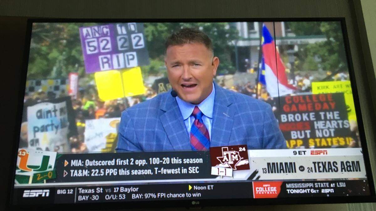 ESPN GameDay host Kirk Herbstreit is shown on Saturday, Sept. 17, 2022, speaking about the Miami at Texas A&M game.