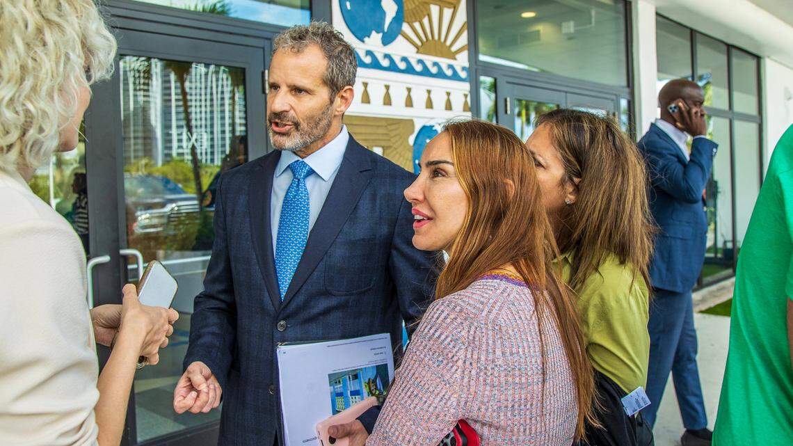 David and Leila Centner, who operate a Miami private school called Centner Academy, speak to a reporter outside Miami City Hall on Thursday, Feb. 8, 2024.