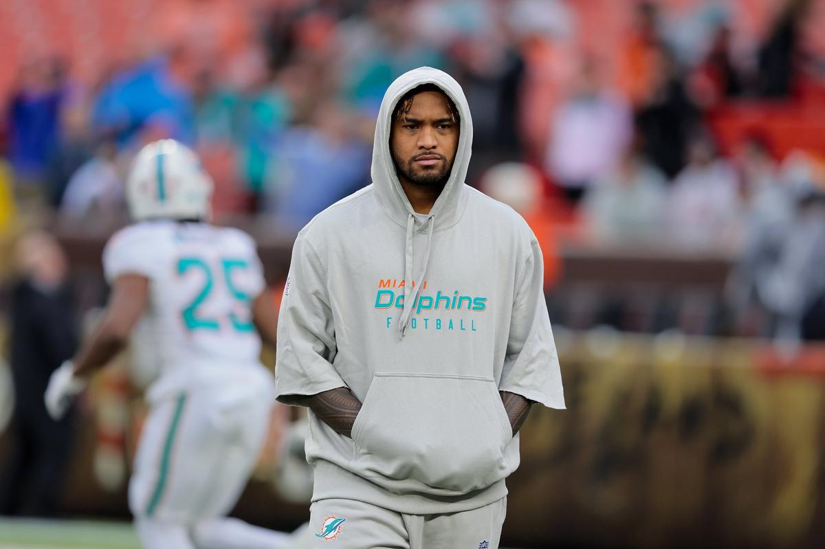 Miami Dolphins quarterback Tua Tagovailoa looks on before kickoff against the Cleveland Browns on Sunday, Dec. 29, 2024, at Huntington Bank Field in Cleveland, Ohio.