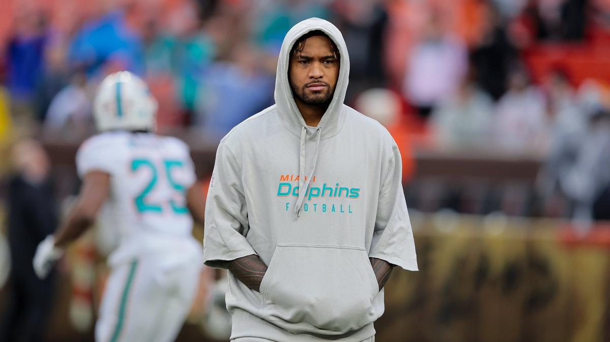 Miami Dolphins quarterback Tua Tagovailoa looks on before kickoff against the Cleveland Browns on Sunday, Dec. 29, 2024, at Huntington Bank Field in Cleveland, Ohio.