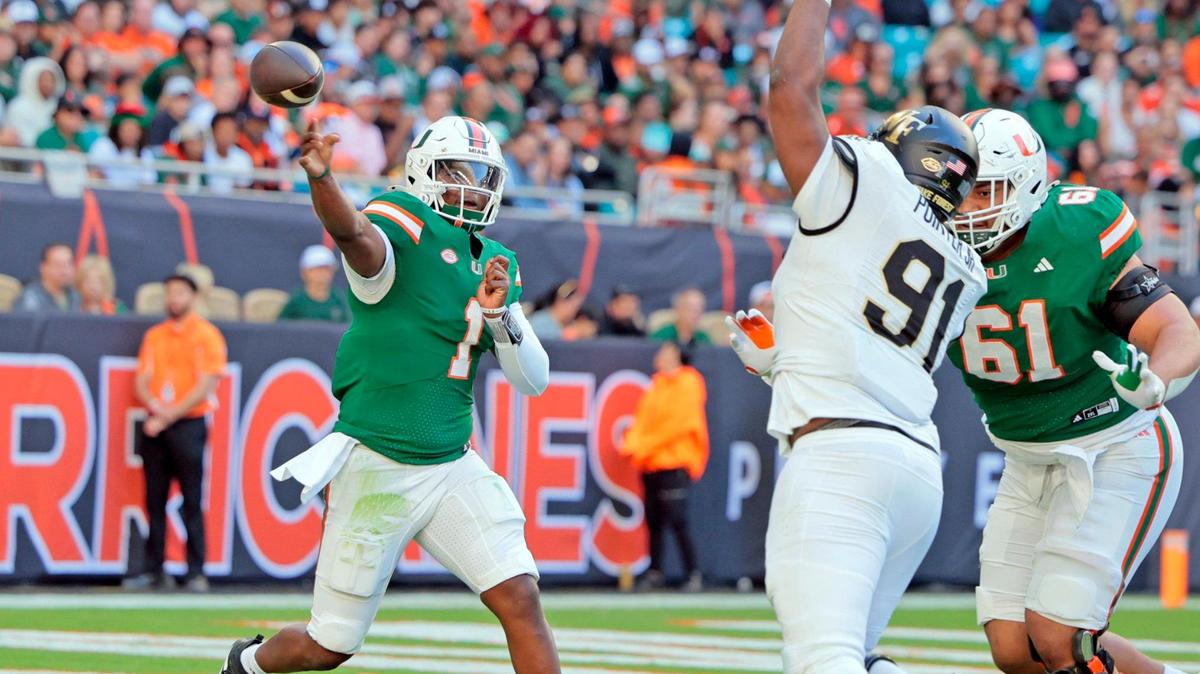 Miami Hurricanes quarterback Cam Ward (1) sets up to pass in the second half of their NCAA game in Miami Gardens, Florida, on Saturday, November 23, 2024.